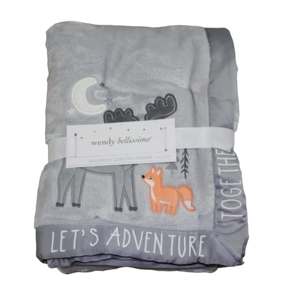 Wendy Bellissimo Woodland Collection Moose Fox Baby Blanket Gray Satin Edge NWT